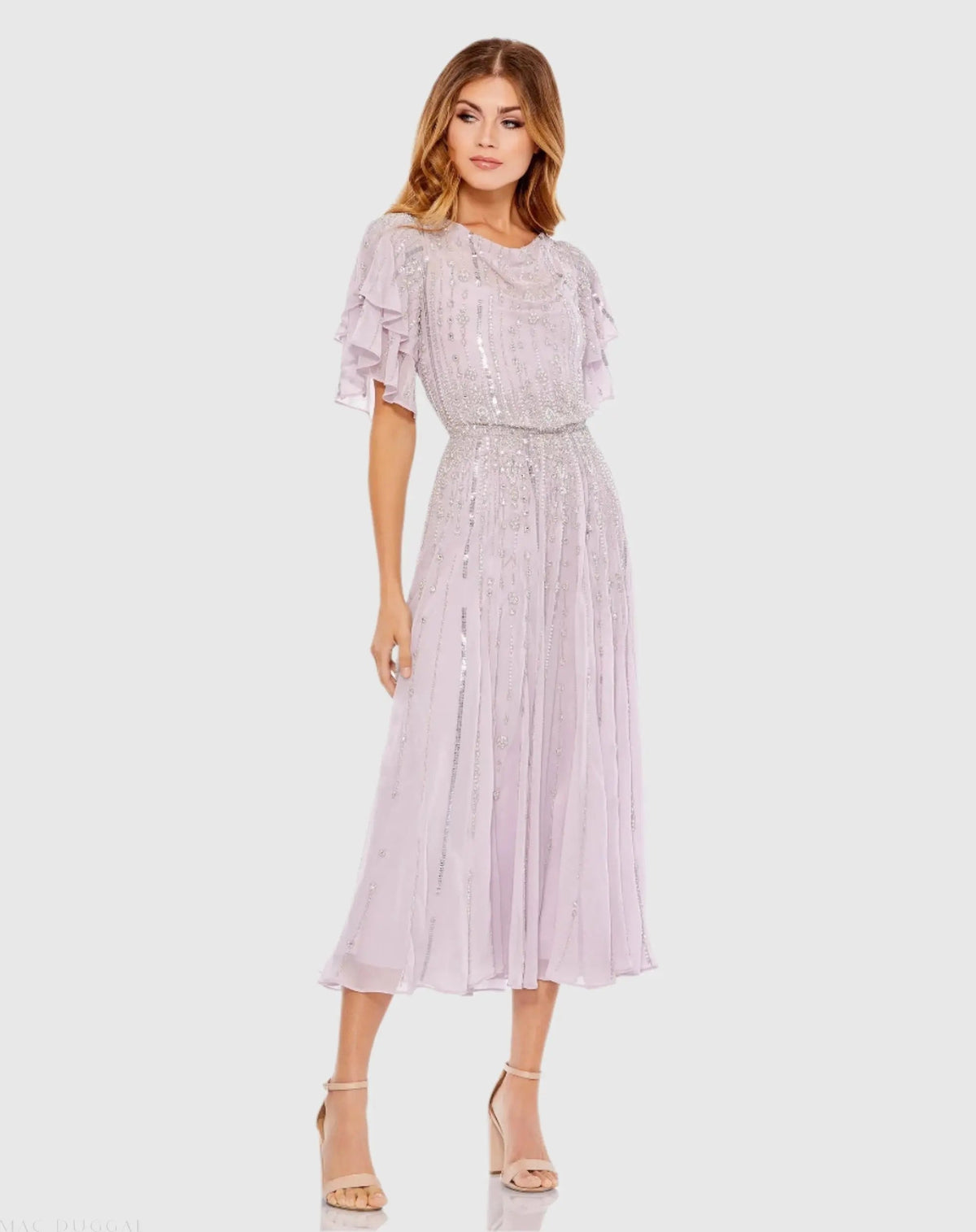 Purple High Neck Sequined Flutter Sleeve Midi Dress