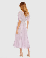 Purple High Neck Sequined Flutter Sleeve Midi Dress