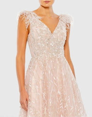 Pink Embroidered Sleeveless Feather Detail Midi Dress