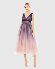 Purple Ombre Sleeveless V Neck Midi Dress