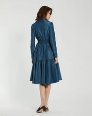 Blue Faille Long Sleeve Collared Midi Dress With Belt