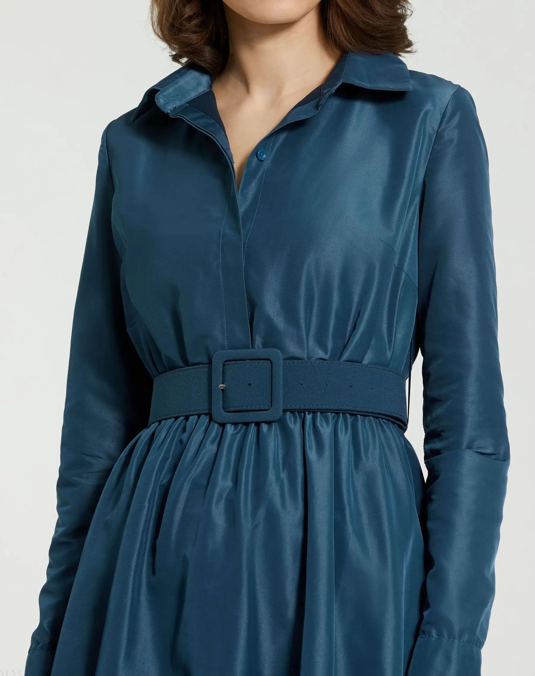 Blue Faille Long Sleeve Collared Midi Dress With Belt