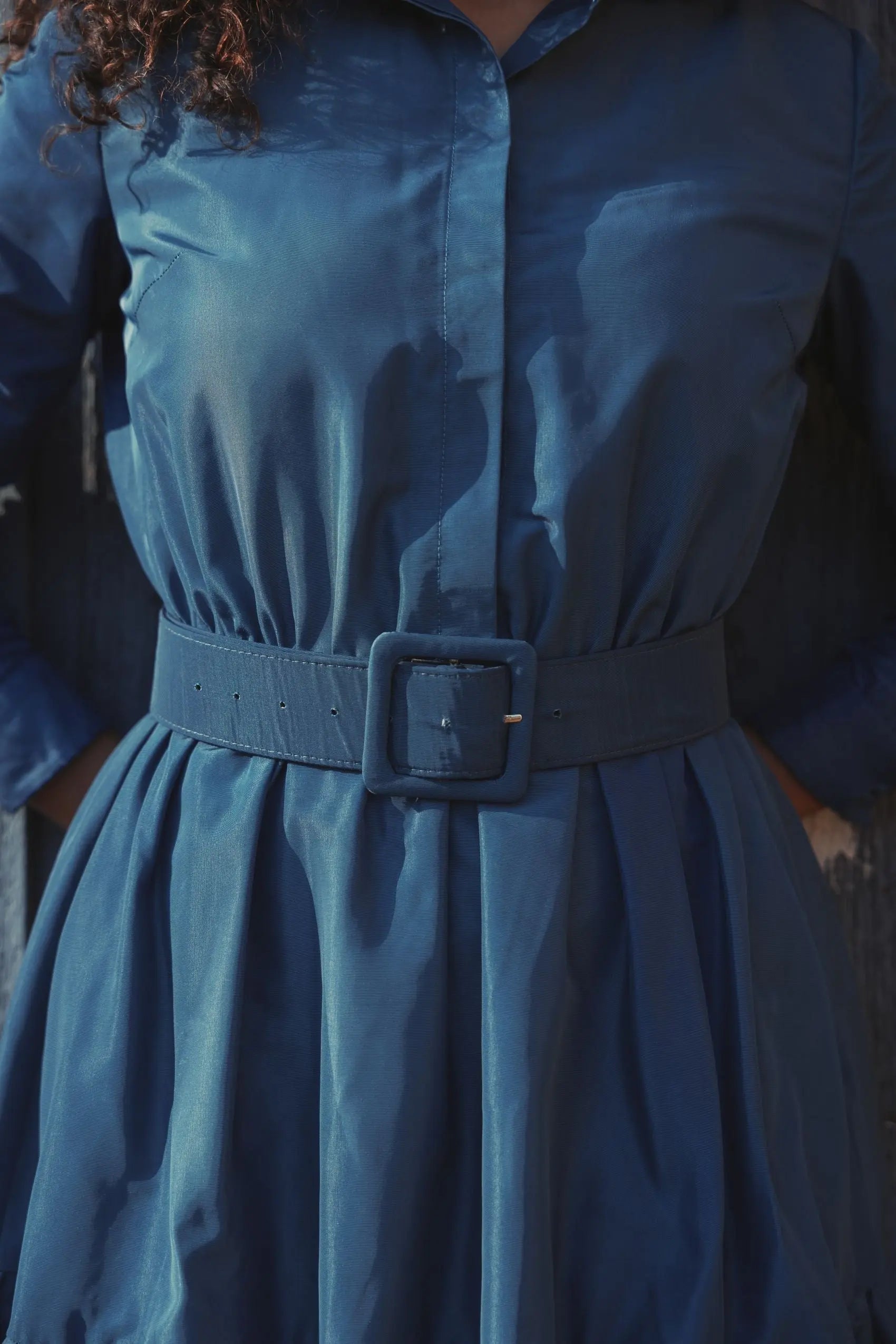 Blue Faille Long Sleeve Collared Midi Dress With Belt