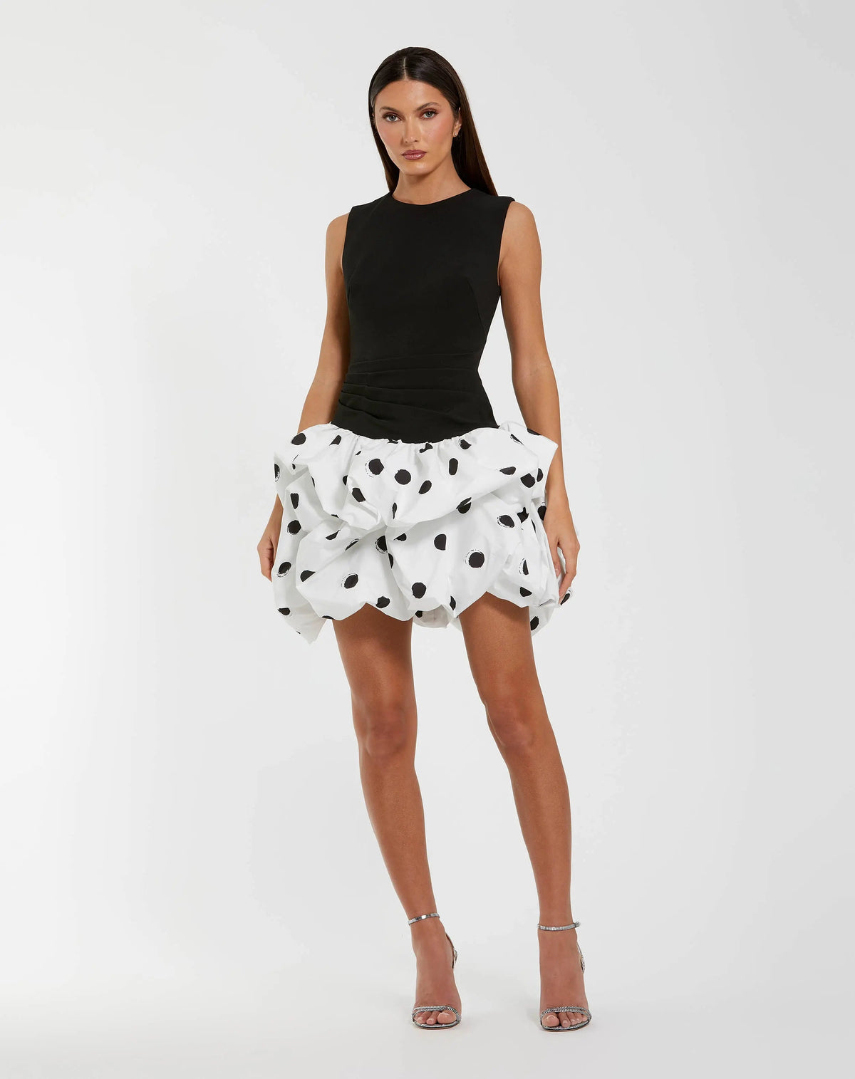 Black and White Sleeveless Crepe Mini Dress with Polka Dot Skirt
