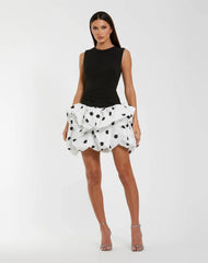 Black and White Sleeveless Crepe Mini Dress with Polka Dot Skirt
