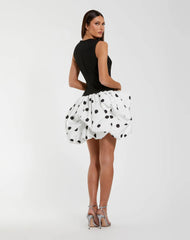 Black and White Sleeveless Crepe Mini Dress with Polka Dot Skirt