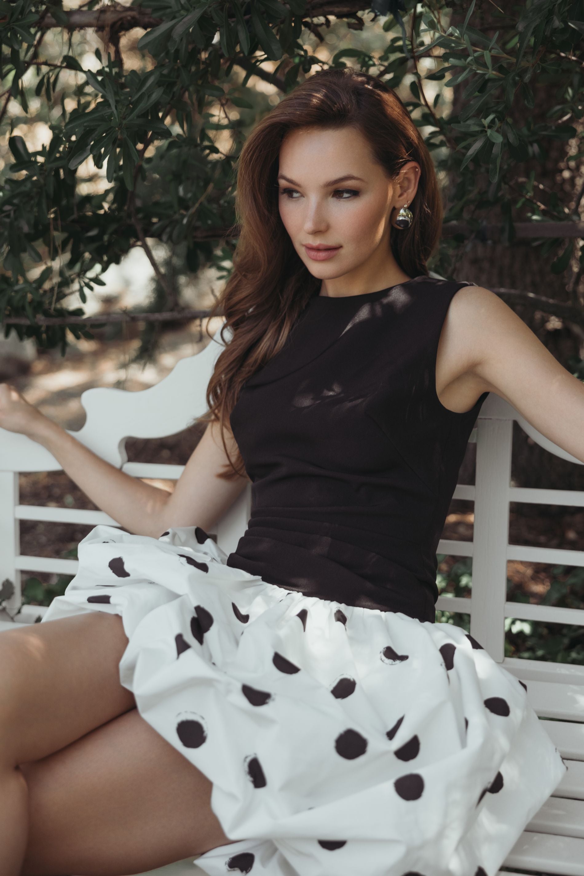 Black and White Sleeveless Crepe Mini Dress with Polka Dot Skirt