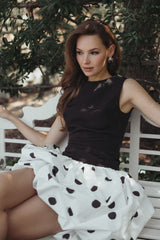Black and White Sleeveless Crepe Mini Dress with Polka Dot Skirt