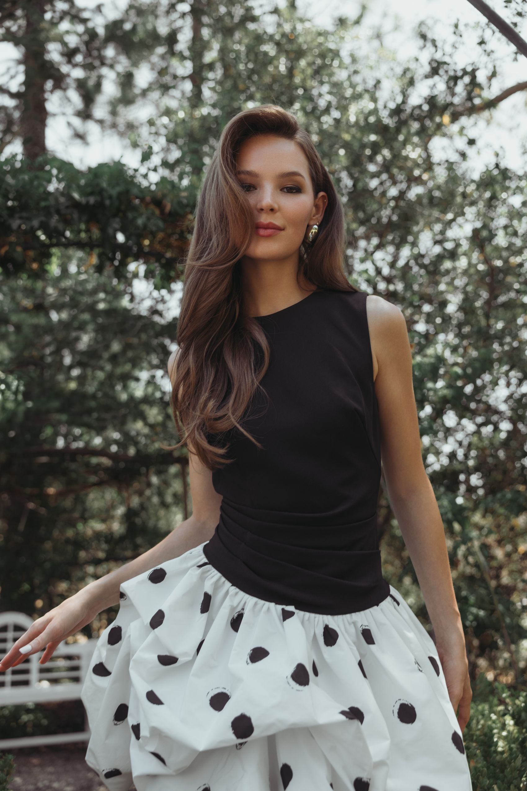 Black and White Sleeveless Crepe Mini Dress with Polka Dot Skirt