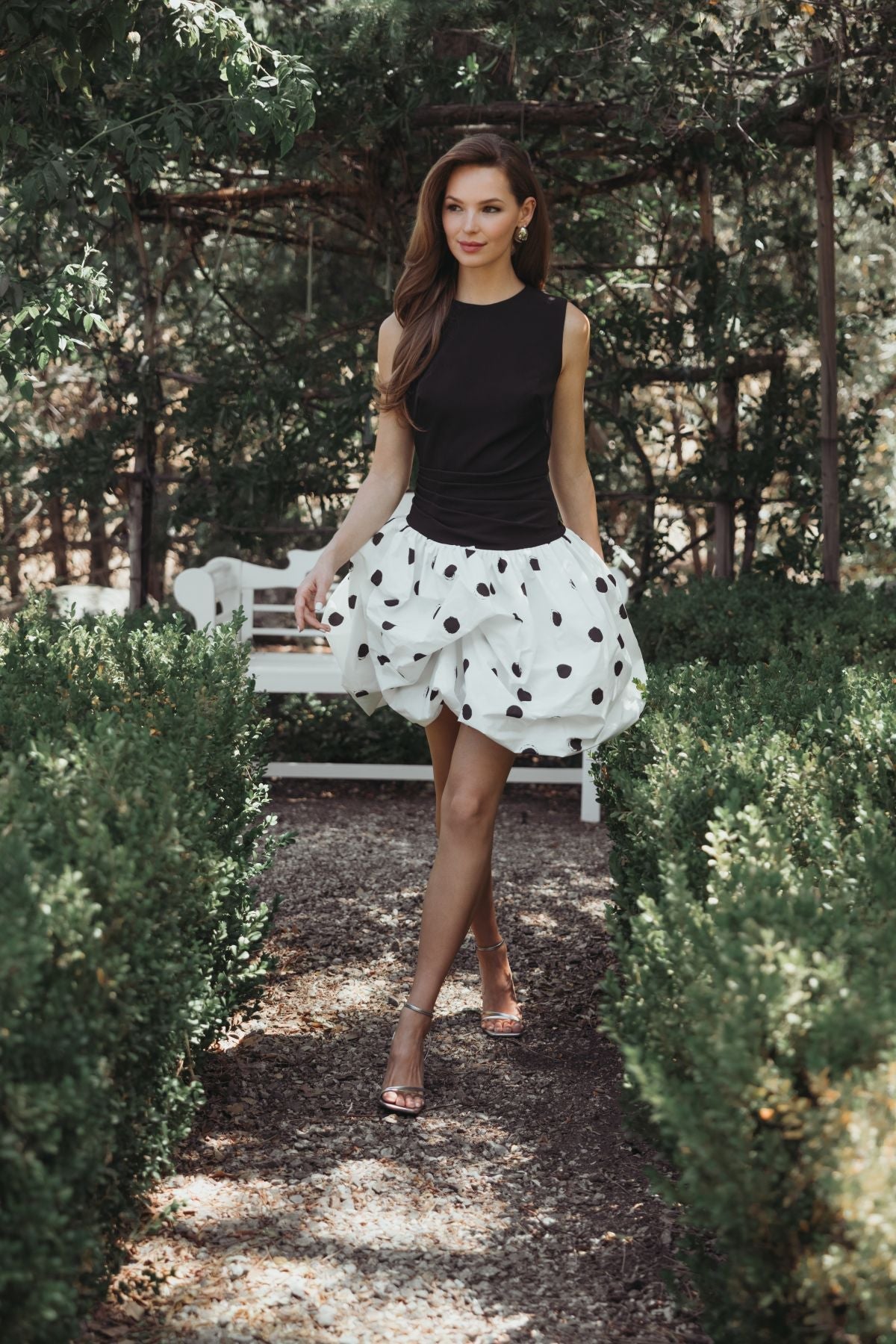 Black and White Sleeveless Crepe Mini Dress with Polka Dot Skirt