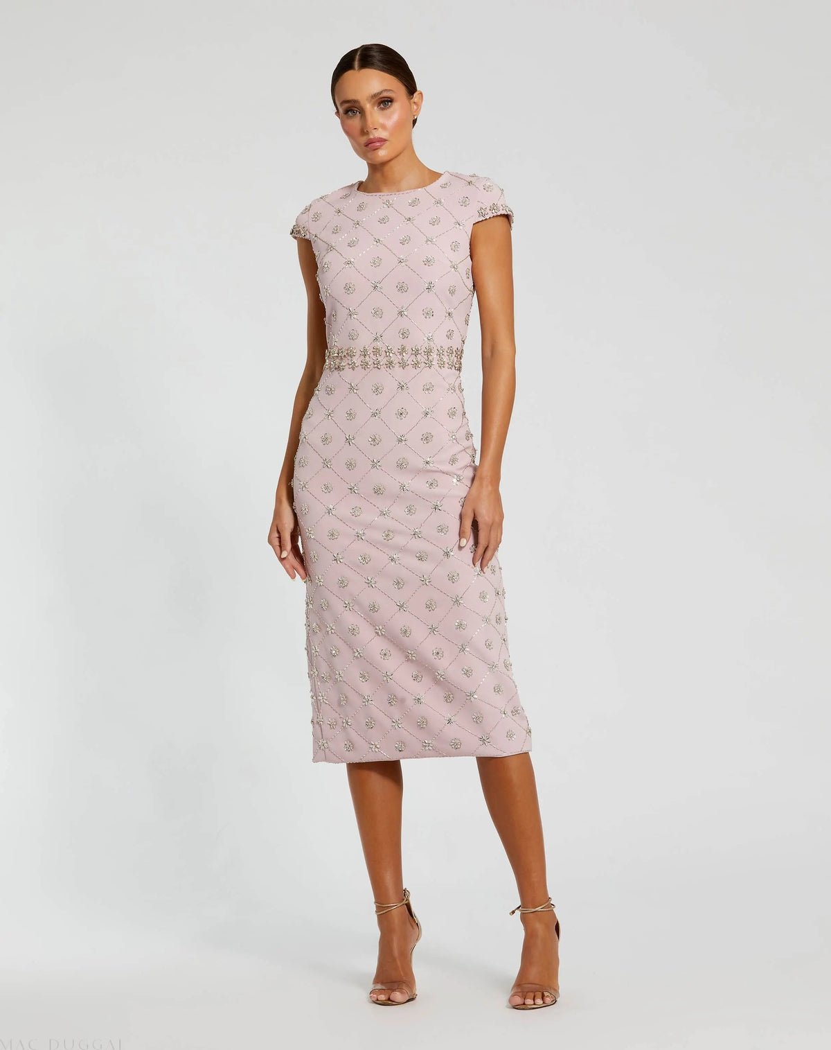 Pink Hand Embellished Cap Sleeve Midi Dress