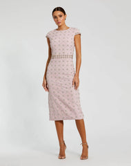 Pink Hand Embellished Cap Sleeve Midi Dress
