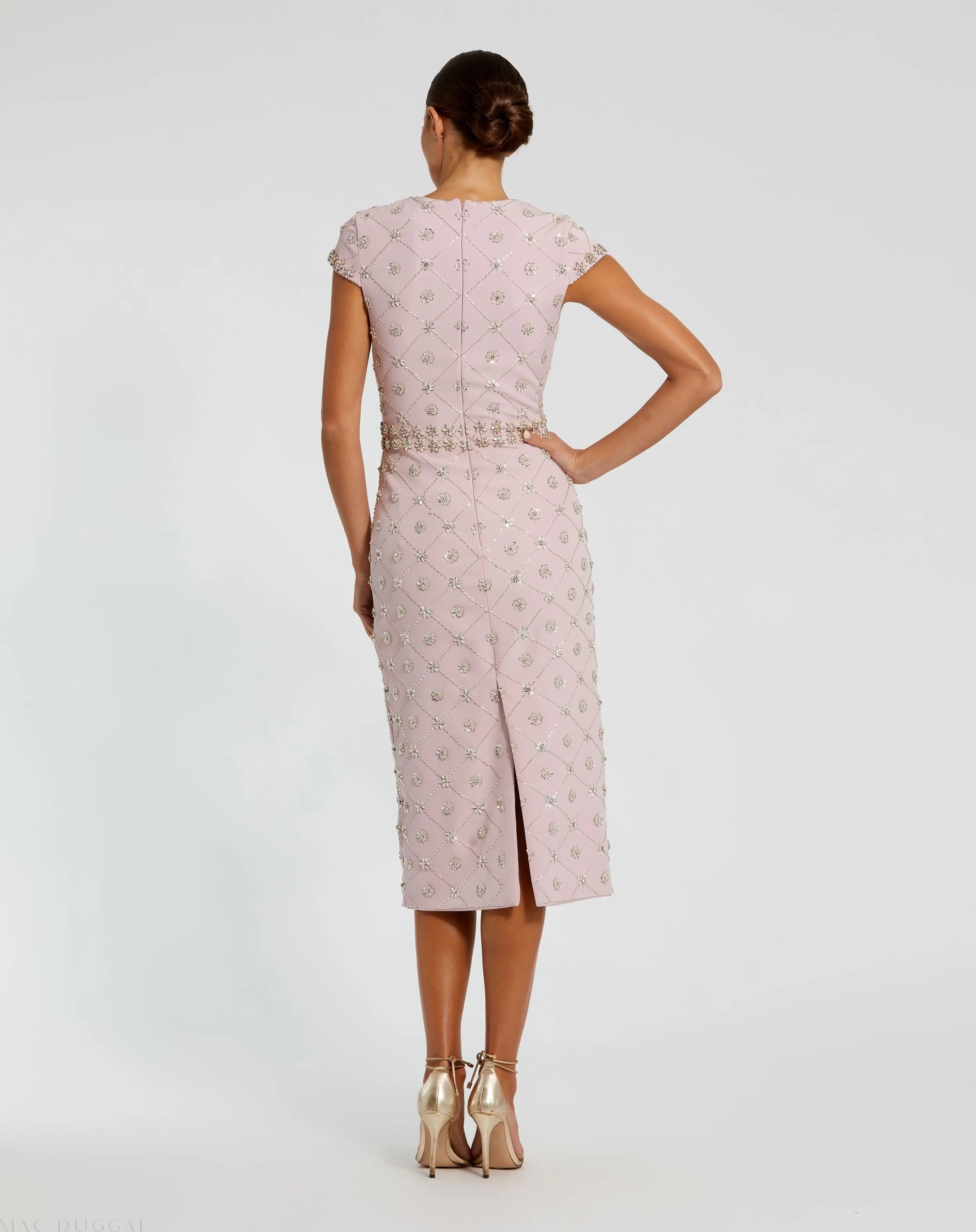 Pink Hand Embellished Cap Sleeve Midi Dress