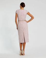 Pink Hand Embellished Cap Sleeve Midi Dress