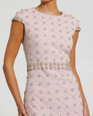 Pink Hand Embellished Cap Sleeve Midi Dress