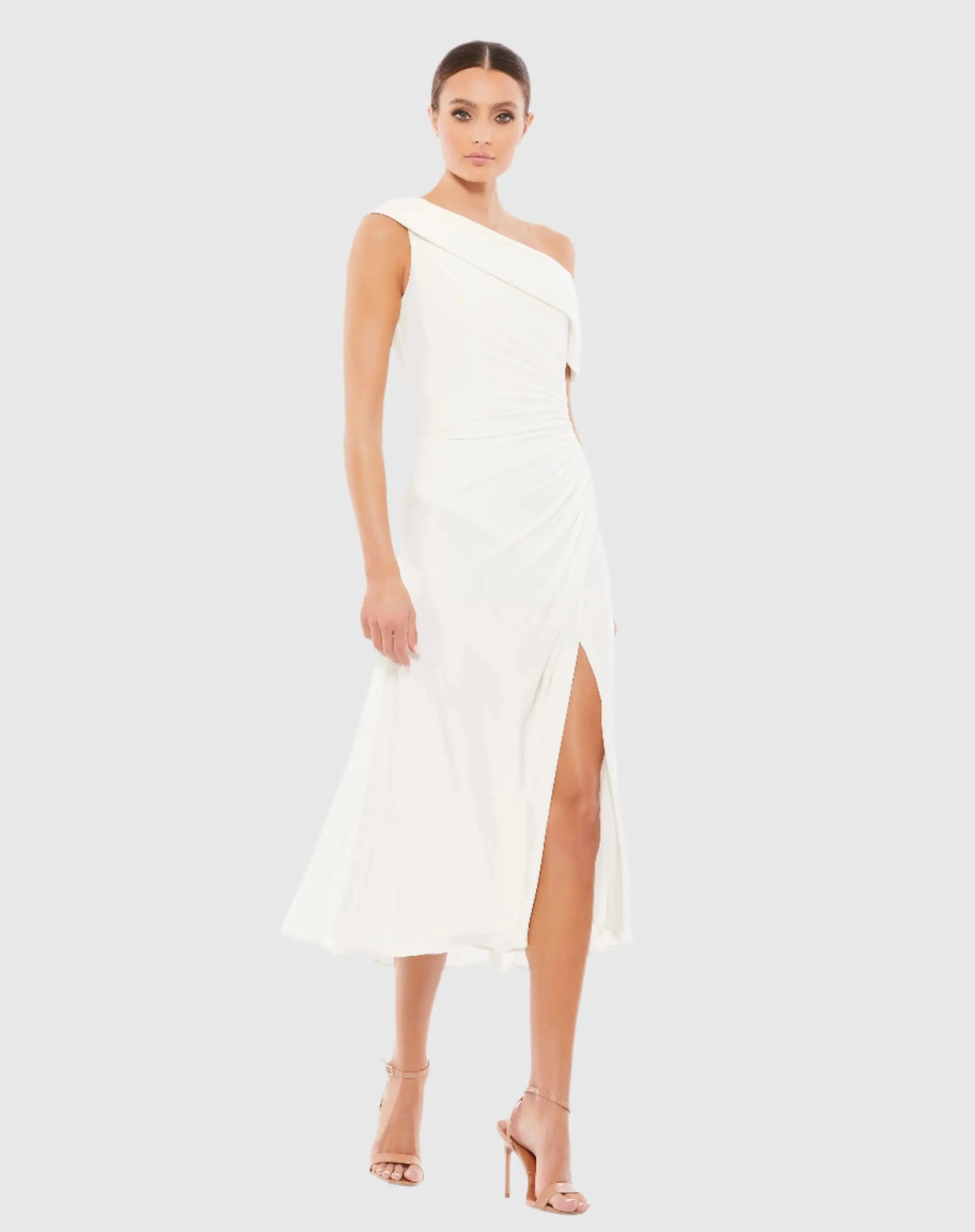 Ruched Off-The-Shoulder Midi Dress