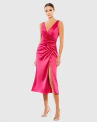Pink Satin Ruched V-Neck Faux Wrap Midi Dress