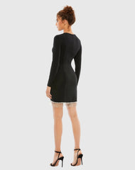 Black Long Sleeve Asymmetrical Beaded Fringe Hem Mini Dress