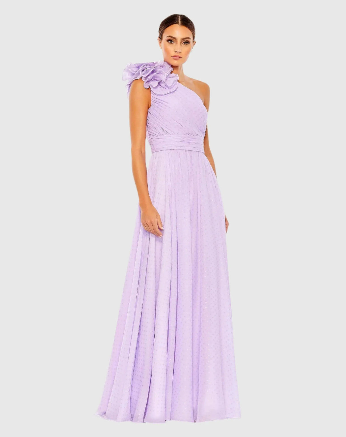 Purple Polka Dot Ruffled One Shoulder Gown