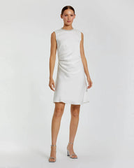 White Rhinestone Neckline Draped Mini Dress