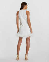 White Feathered Hem High Neck Sleeveless Trapeze Dress