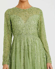 Green Illusion High Neck Long Sleeve Embellished Gown