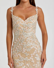 Beige Floral Embroidered Tulle Trumpet Gown