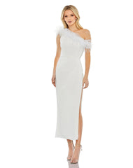White Feather Trim One Shoulder Draped Dress