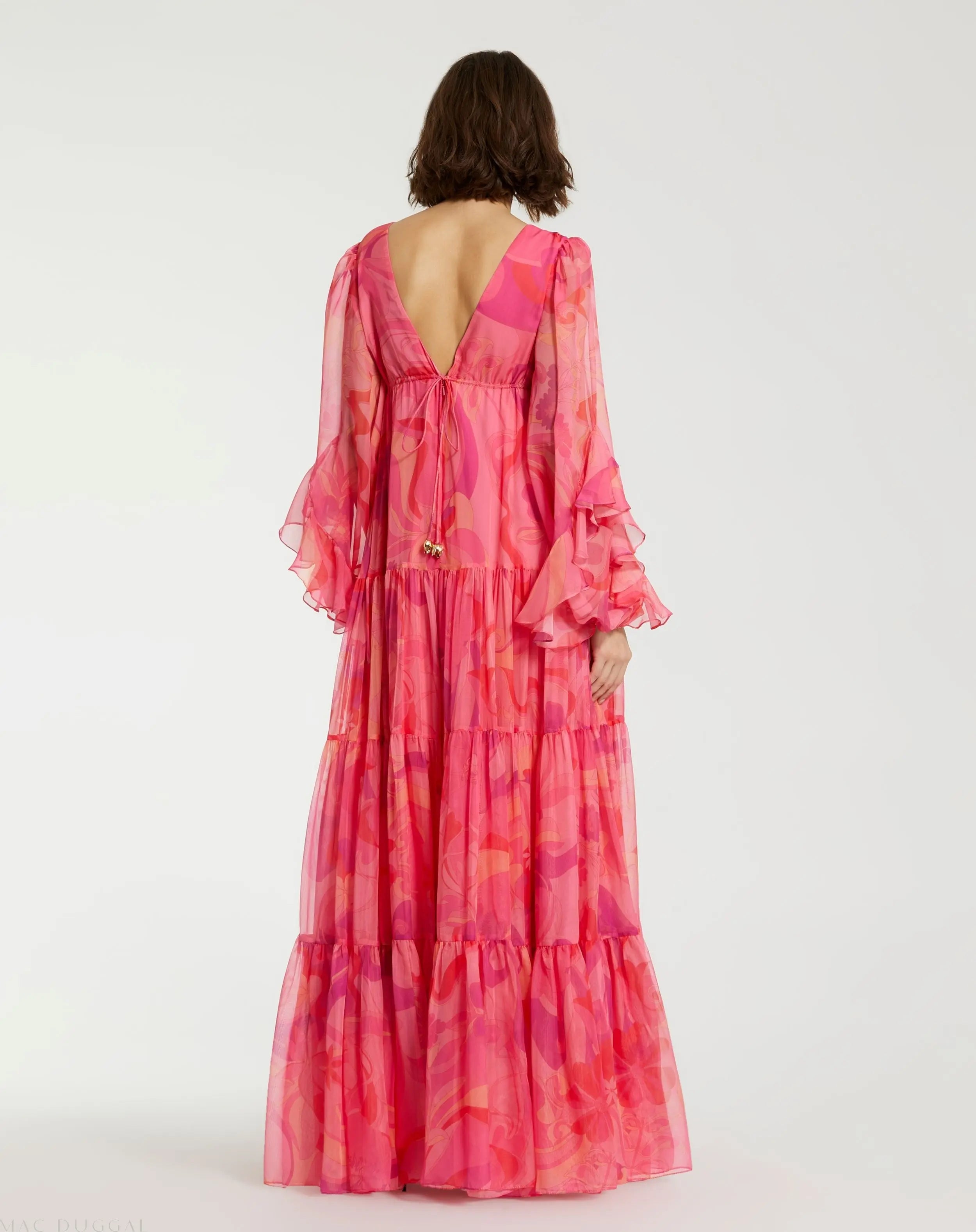 Pink Hibiscus Printed Chiffon Ruffle Long Sleeve V Neck Maxi Dress