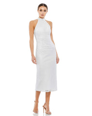 White Hand Embellished Halter Neck Midi Sheath Dress