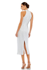 White Hand Embellished Halter Neck Midi Sheath Dress
