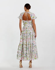 White Floral Ruffle Open Back Cotton Midi Dress