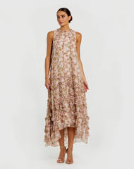Pink Sleeveless Floral Chiffon Micro Ruffle Midi Dress