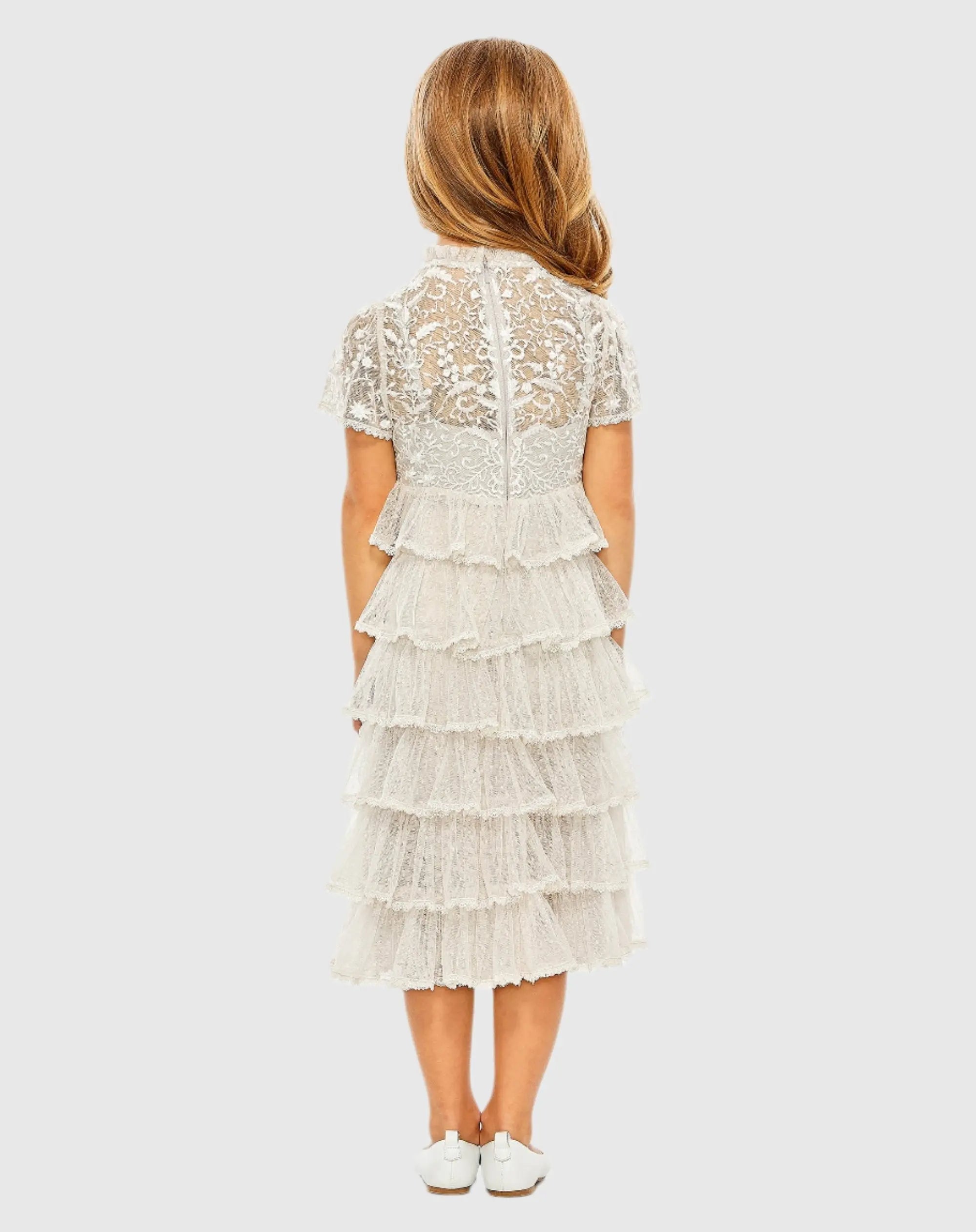 White Girls High Neck Embroidered Short Sleeve Dress