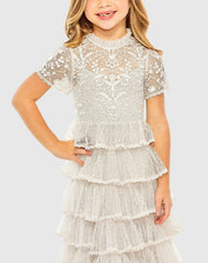 White Girls High Neck Embroidered Short Sleeve Dress