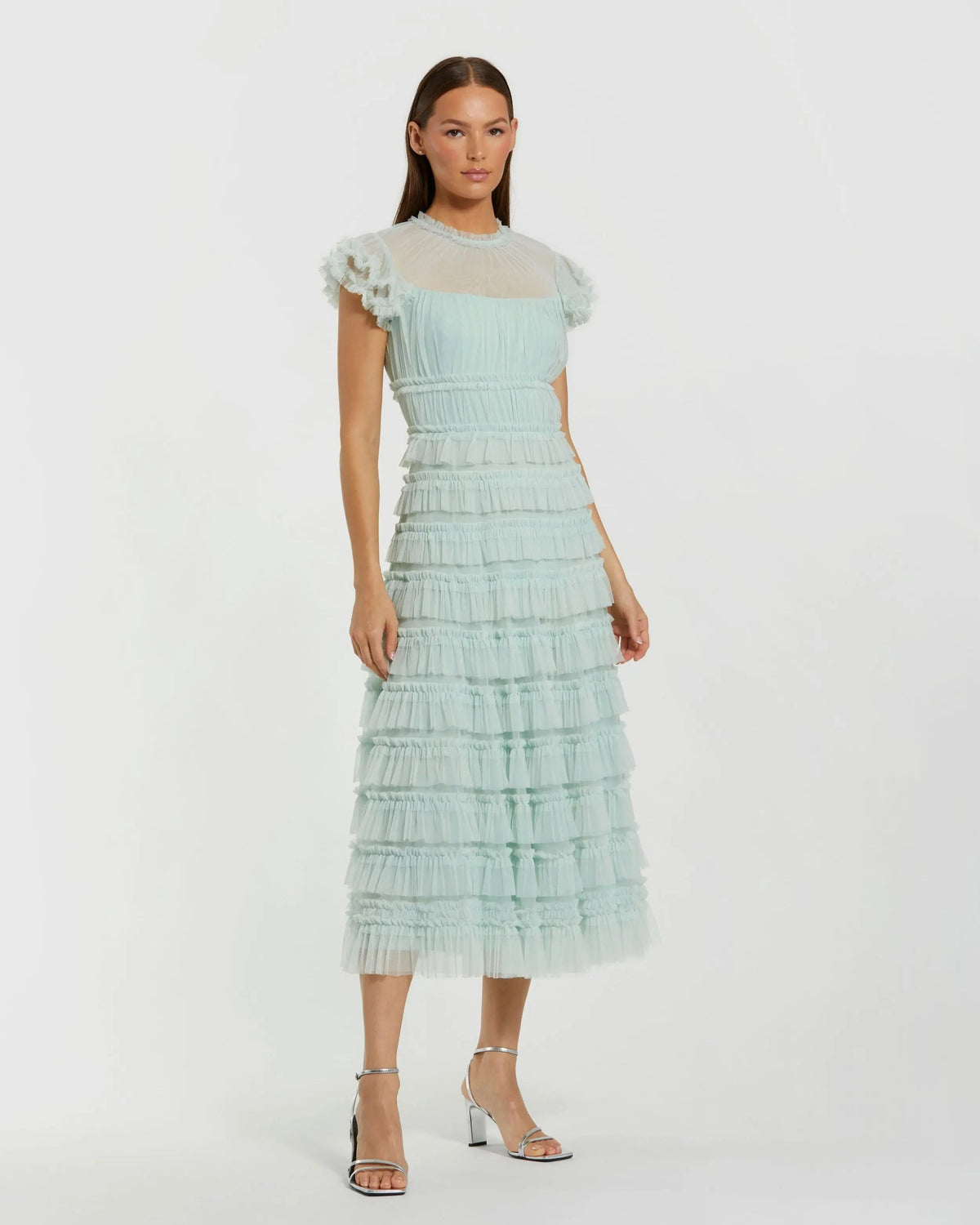 Green Ruffle High Neck Midi Dress