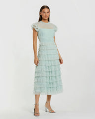 Green Ruffle High Neck Midi Dress