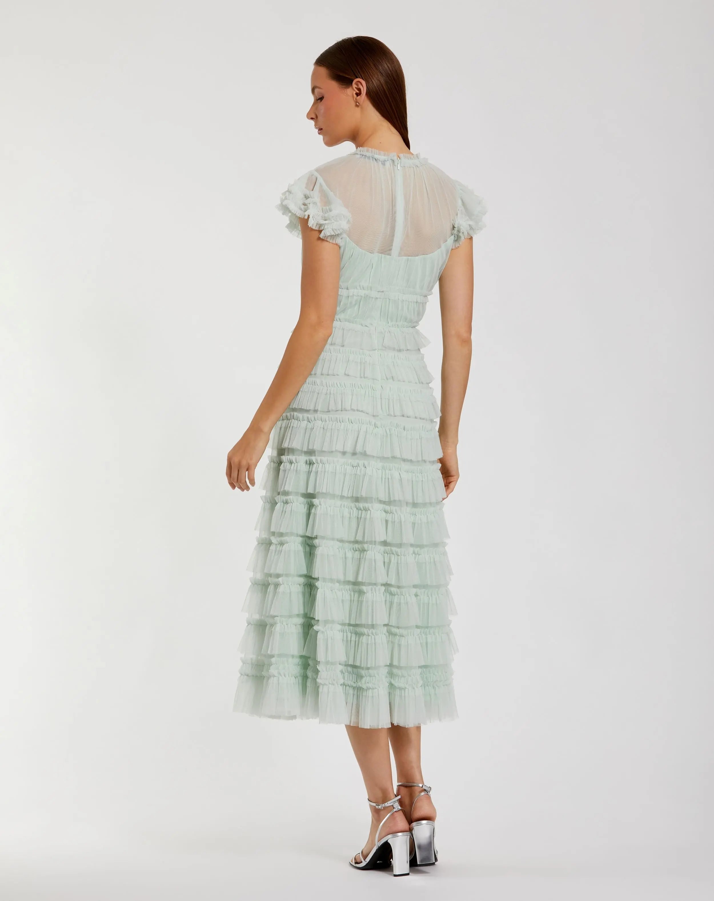 Green Ruffle High Neck Midi Dress
