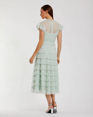 Green Ruffle High Neck Midi Dress