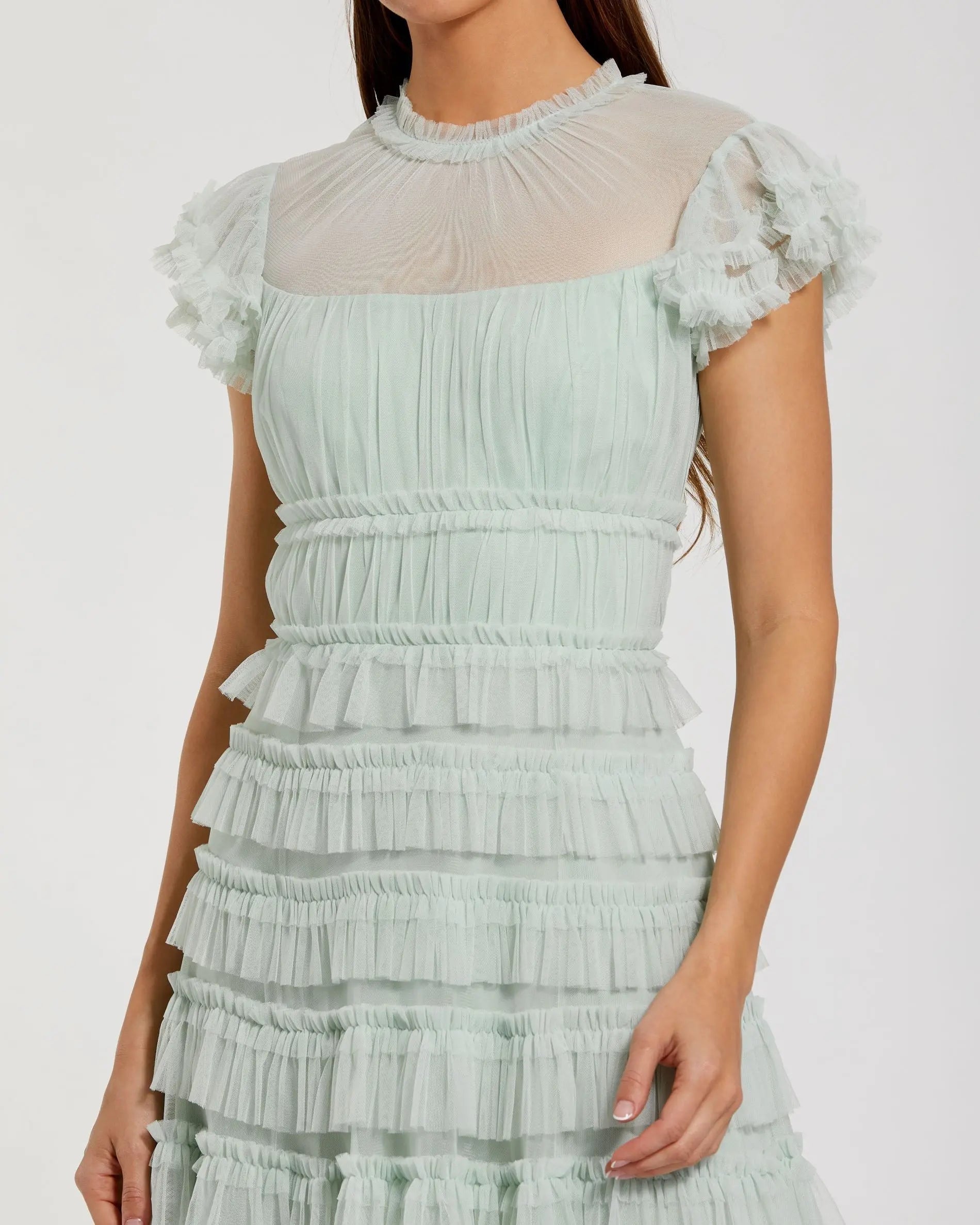 Green Ruffle High Neck Midi Dress