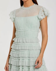Green Ruffle High Neck Midi Dress