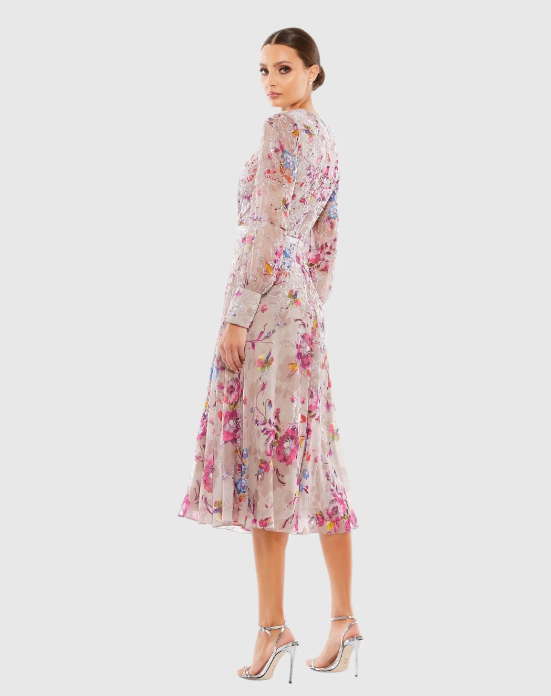 Multicolor Hand Embellished Floral Long Sleeve Midi Dress