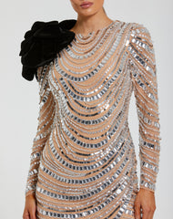 Mesh Long Sleeve Beaded 3D flower Mini Dress