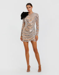 Mesh Long Sleeve Beaded 3D flower Mini Dress