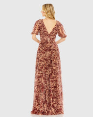 Brown Mesh V-Neck Floral Dress