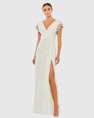 White Embellished Sleeve Jersey Wrap Gown - FINAL SALE