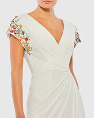 White Embellished Sleeve Jersey Wrap Gown - FINAL SALE