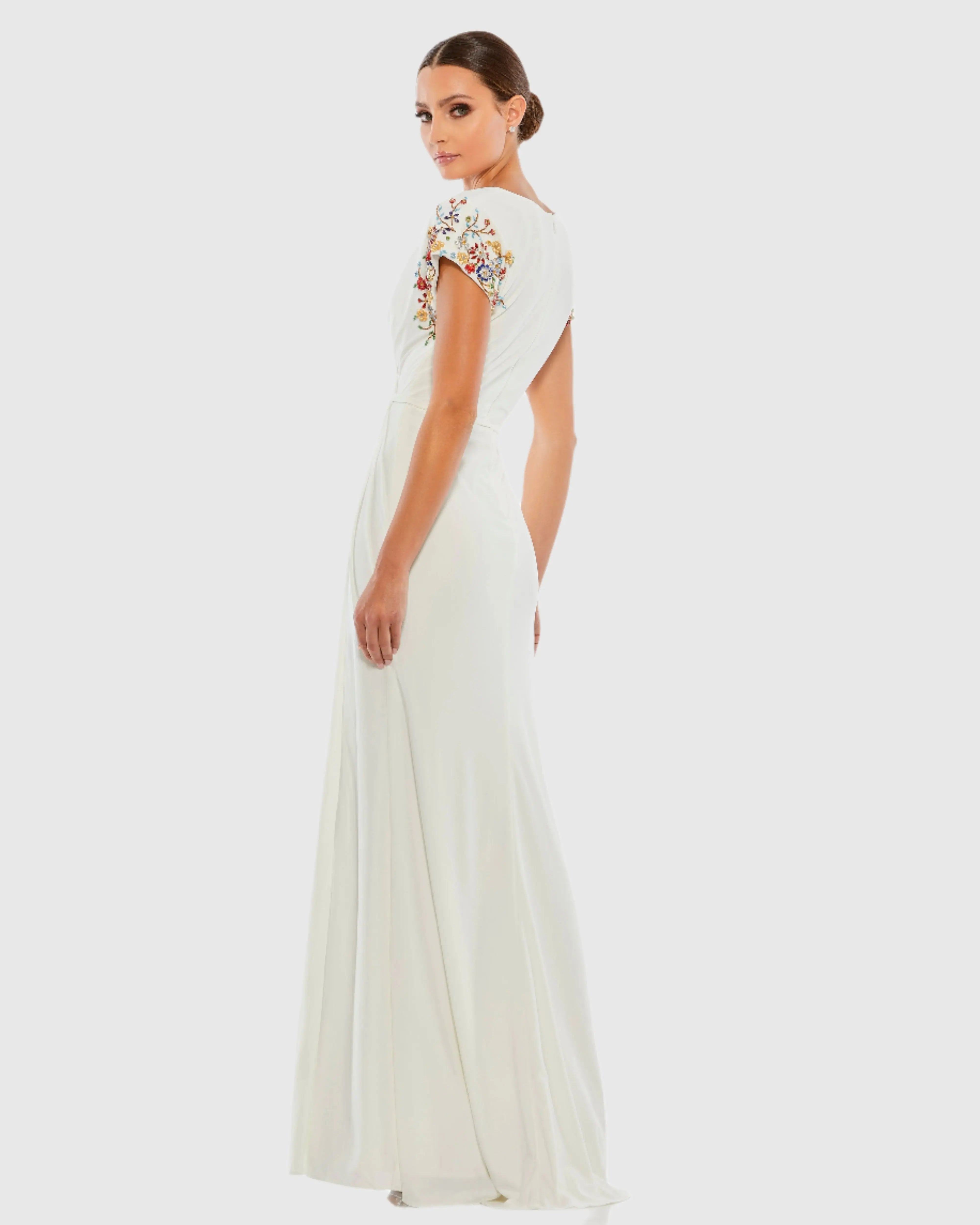 White Embellished Sleeve Jersey Wrap Gown - FINAL SALE