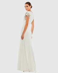 White Embellished Sleeve Jersey Wrap Gown - FINAL SALE