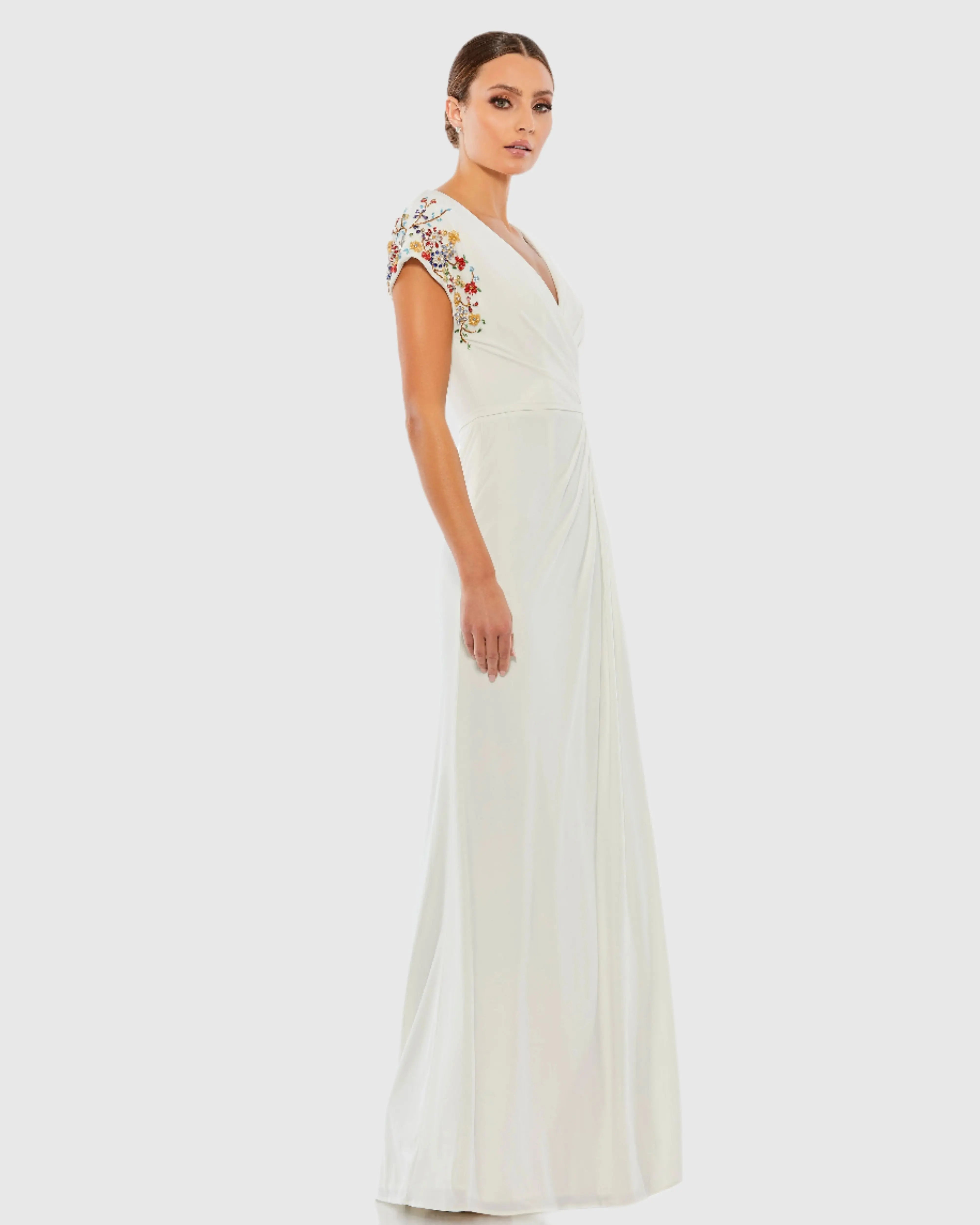 White Embellished Sleeve Jersey Wrap Gown - FINAL SALE